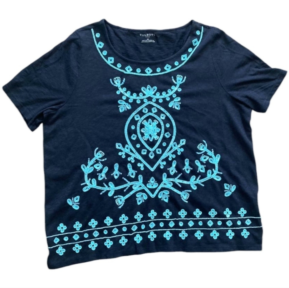Talbots Beaded embroidered sequin blue tunic boho top 2X Cotton Resort Preppy - Picture 16 of 16